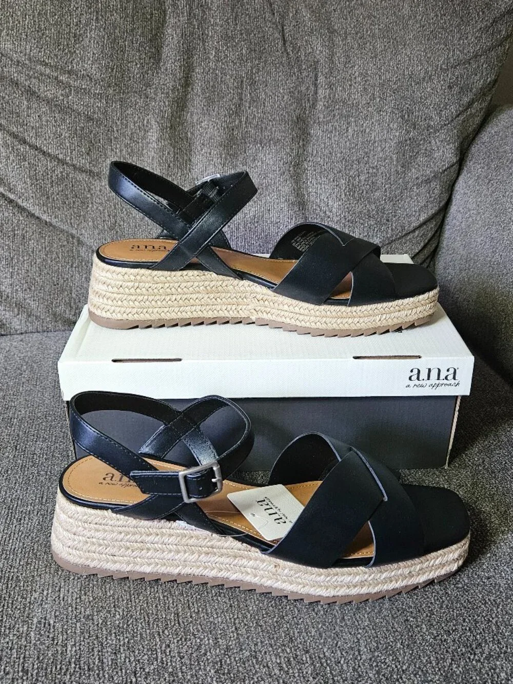 a.n.a Womens Eloise Wedge Black Espadrille Platform Sandals Size 11